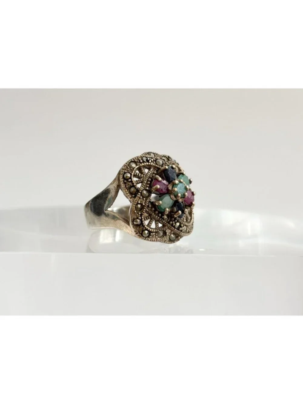 Art Deco Marcasite, Emerald, Garnet Sterling Silver 925 Vintage Ring - sz 9.75